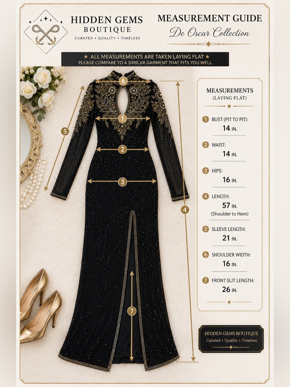 Elegant De Oscar Collection Black Long-Sleeve Evening Gown with Gold Embellishme - Picture 6 of 9